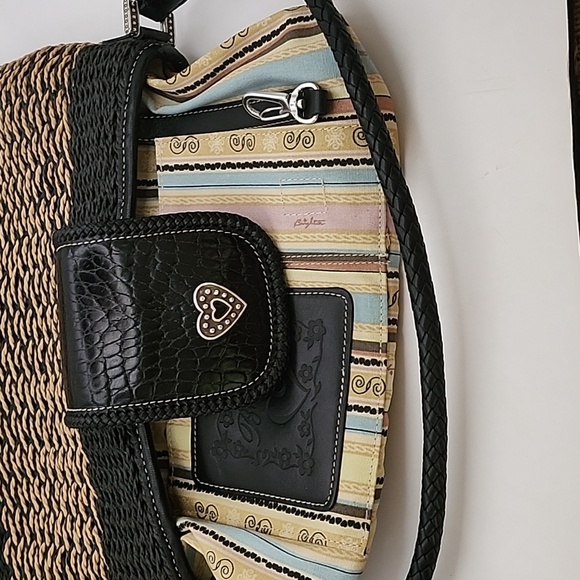 Brighton Sydney Sraw Bag w/ Leather Trim & Braided Handle Dark Blue & Beige - Picture 9 of 11